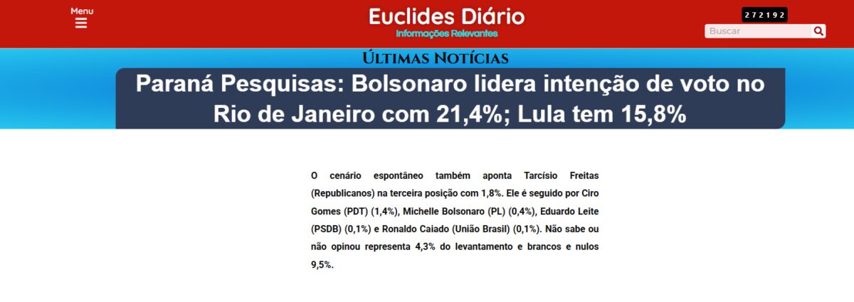 Euclides Diário cita pesquisa realizada pela Paraná Pesquisas no Estado do Rio de Janeiro.