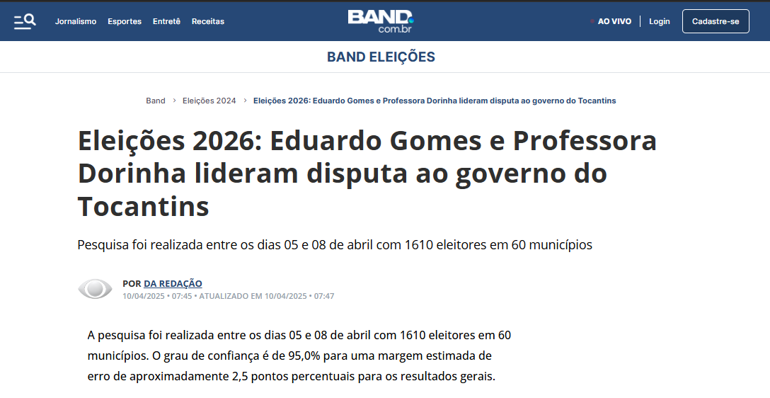 Band cita pesquisa realizada pela Paraná Pesquisas no Estado do Tocantins. 2 image 217