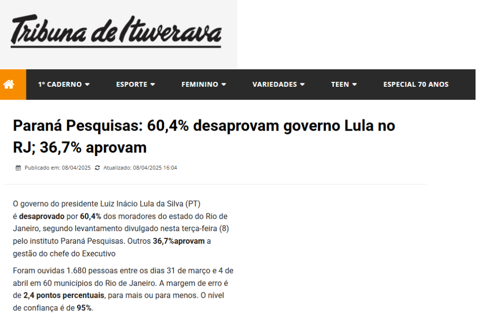 Tribuna de Ituverava cita pesquisa realizada pela Paraná Pesquisas no Estado de Rio de Janeiro. 2 image 226