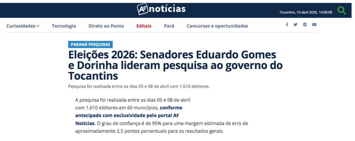 AF Notícias cita pesquisa realizada pela Paraná Pesquisas no Estado do Tocantins. 2 image 228