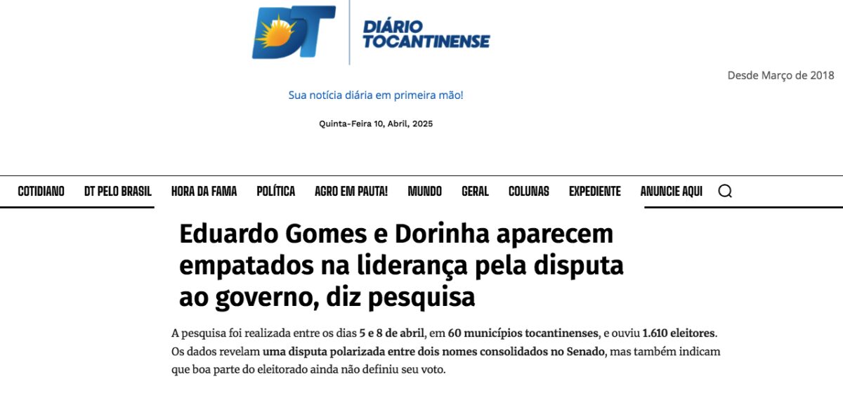 Diário Tocantinense cita pesquisa realizada pela Paraná Pesquisas no Estado do Tocantins. 2 image 230