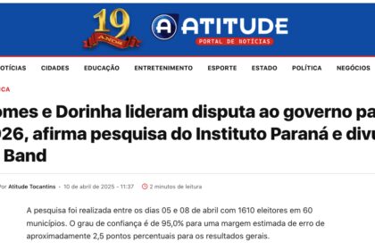A Atitude cita pesquisa realizada pela Paraná Pesquisas no Estado do Tocantins.
