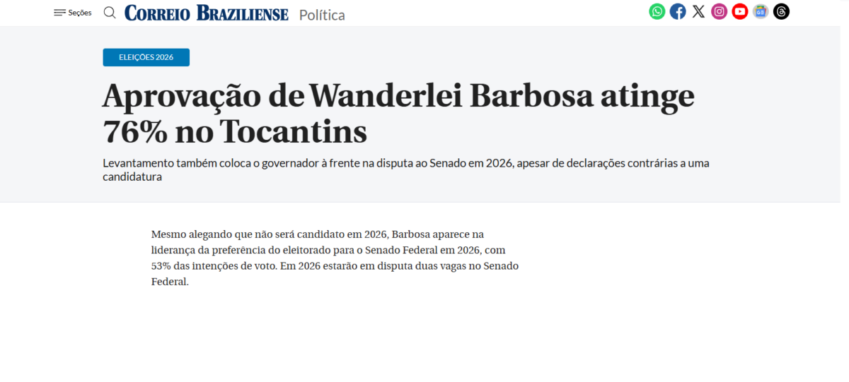 Correio Braziliense cita pesquisa realizada pela Paraná Pesquisas no Estado do Tocantins.