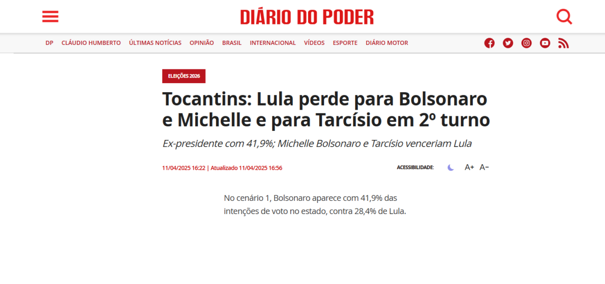 Diário do Poder cita pesquisa realizada pela Paraná Pesquisas no Estado do Tocantins. 2 Diário do Poder cita pesquisa realizada pela Paraná Pesquisas no Estado do Tocantins.