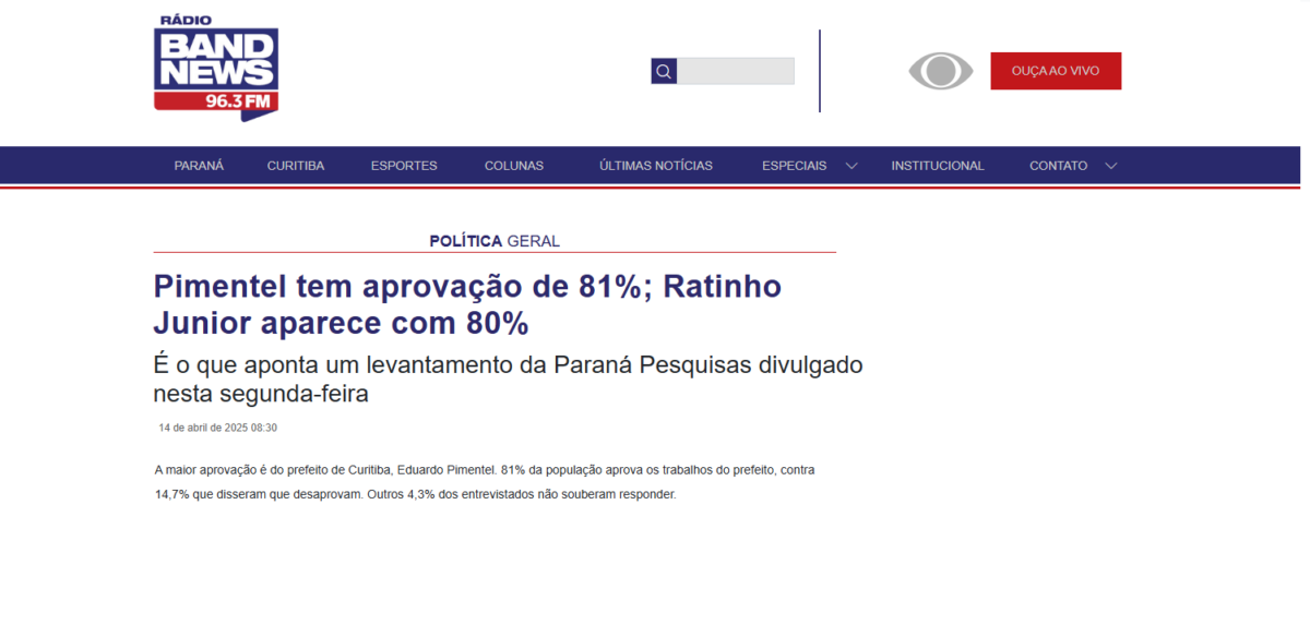 Band News FM Curitiba cita pesquisa realizada pela Paraná Pesquisas no Município de Curitiba. 2 image 264
