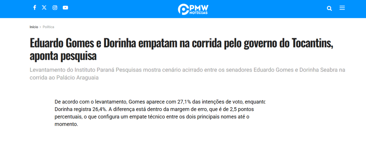 PMW Notícias cita pesquisa realizada pela Paraná Pesquisas no Estado do Tocantins. 2 PMW Notícias cita pesquisa realizada pela Paraná Pesquisas no Estado do Tocantins.