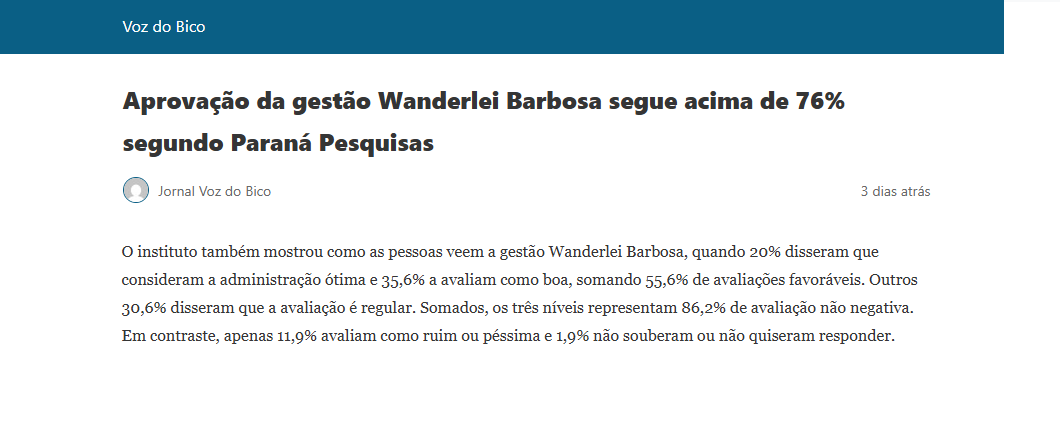 Voz do Bico cita pesquisa realizada pela Paraná Pesquisas no Estado do Tocantins.