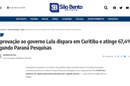 São Bento em Foco cita pesquisa realizada pela Paraná Pesquisas no Município de Curitiba.