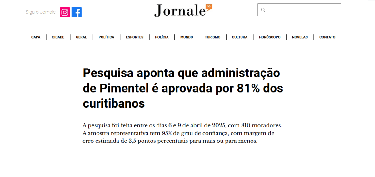 Jornale cita pesquisa realizada pela Paraná Pesquisas no Município de Curitiba.