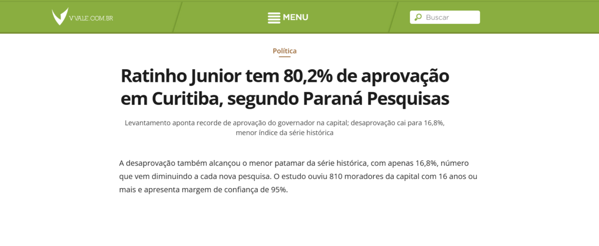 Vvale cita pesquisa realizada pela Paraná Pesquisas no Município de Curitiba. 2 image 285
