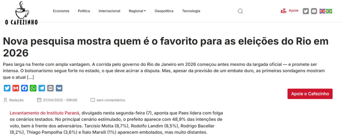 O Cafezinho cita pesquisa realizada pela Paraná Pesquisas no Estado do Rio de Janeiro. 2 image 288