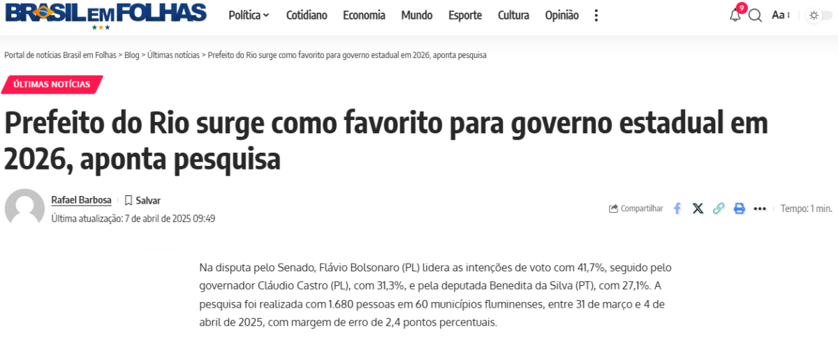 Brasil em Folhas cita pesquisa realizada pela Paraná Pesquisas no Estado do Rio de Janeiro. 2 Brasil em Folhas cita pesquisa realizada pela Paraná Pesquisas no Estado do Rio de Janeiro.