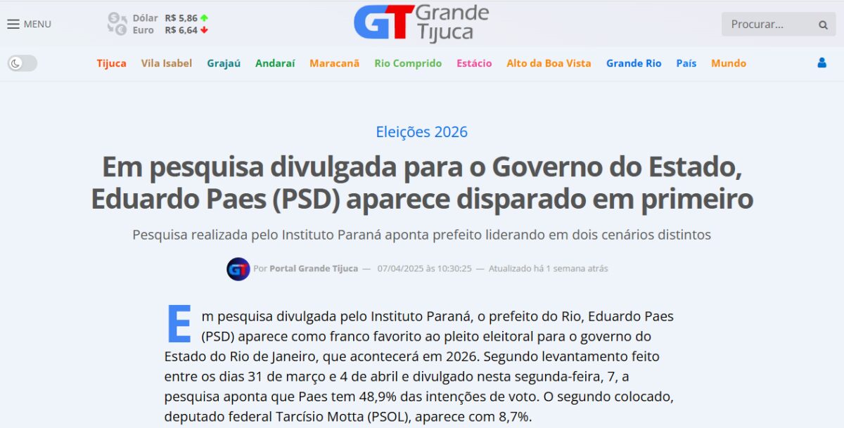 Grande Tijuca cita pesquisa realizada pela Paraná Pesquisas no Estado do Rio de Janeiro. 2 Grande Tijuca cita pesquisa realizada pela Paraná Pesquisas no Estado do Rio de Janeiro.