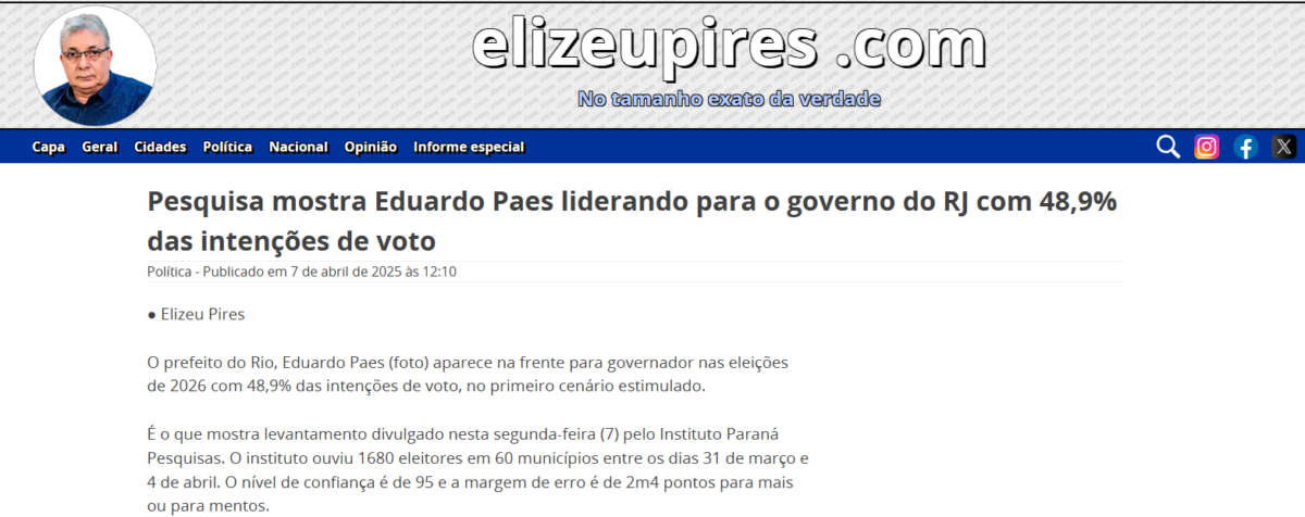 Blog Elizeu Pires cita pesquisa realizada pela Paraná Pesquisas no Estado do Rio de Janeiro.