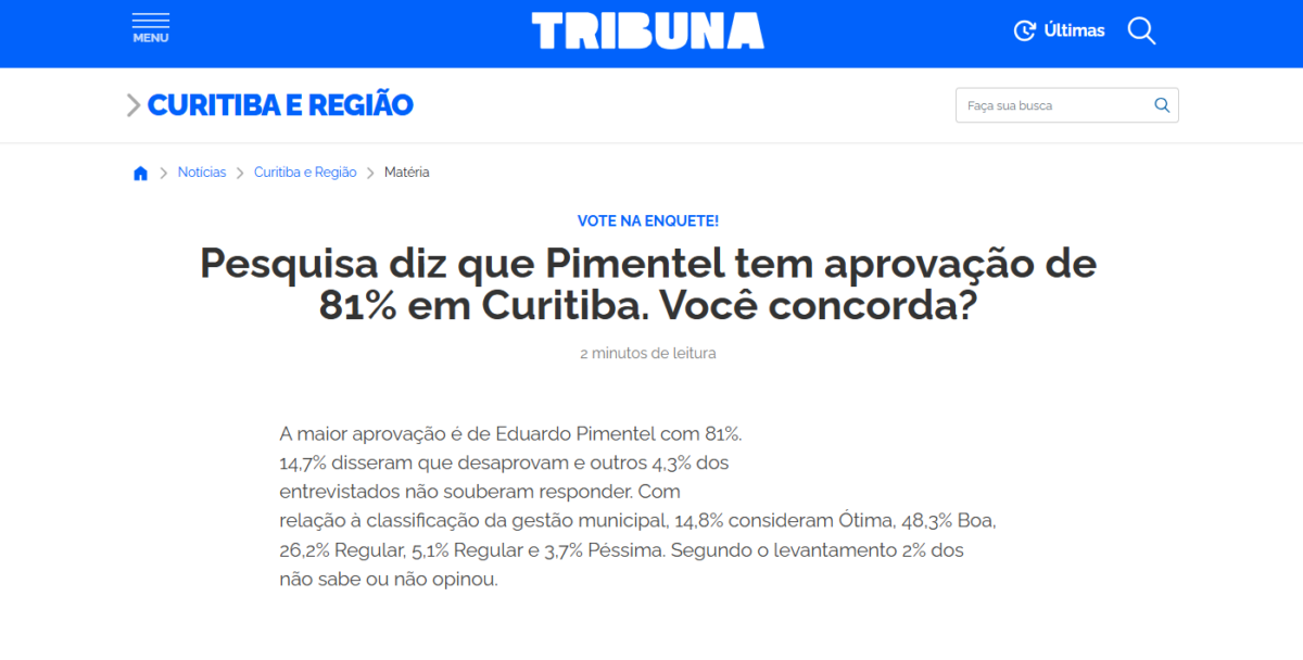 Tribuna do Paraná cita pesquisa realizada pela Paraná Pesquisas no Município de Curitiba. 2 image 305