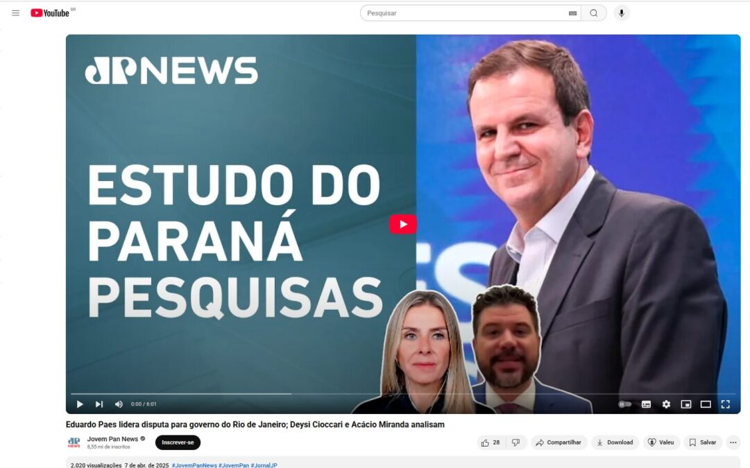Jovem Pan News cita pesquisa realizada pela Paraná Pesquisas no Estado do Rio de Janeiro. 2 Jovem Pan News cita pesquisa realizada pela Paraná Pesquisas no Estado do Rio de Janeiro.
