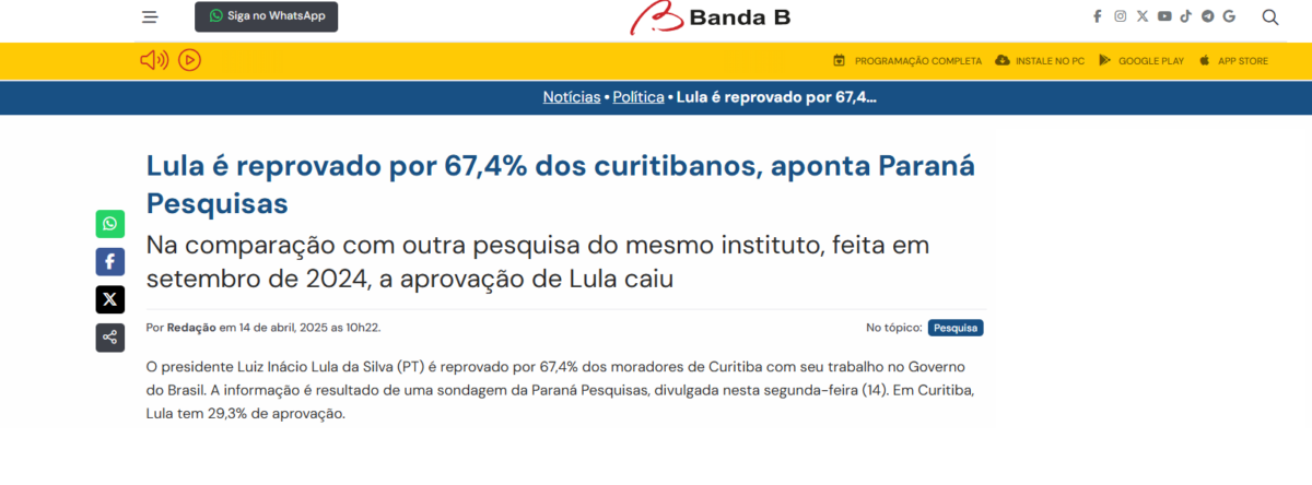 Banda B cita pesquisa realizada pela Paraná Pesquisas no Município de Curitiba. 2 image 310