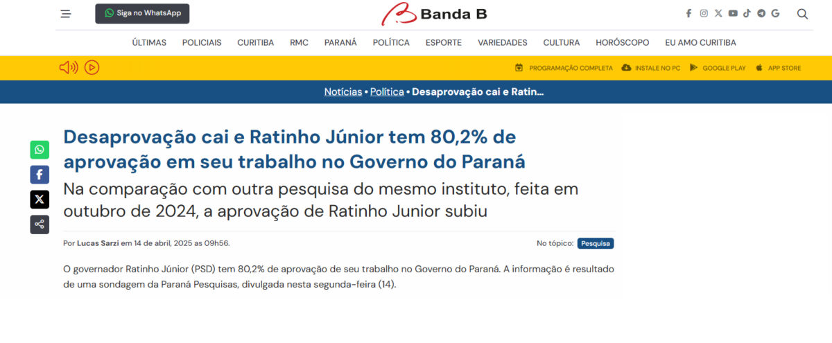 Banda B cita pesquisa realizada pela Paraná Pesquisas no Município de Curitiba. 2 image 312