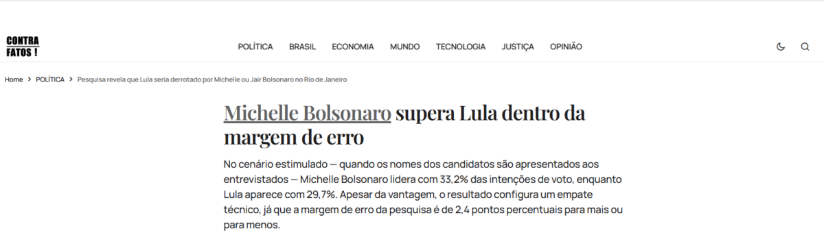 Contra Fatos cita pesquisa realizada pela Paraná Pesquisas no Estado do Rio de Janeiro.