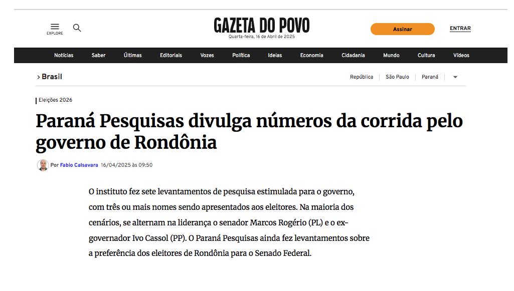 Gazeta do Povo cita pesquisa realizada pela Paraná Pesquisas no Estado de Rondônia. 2 image 321
