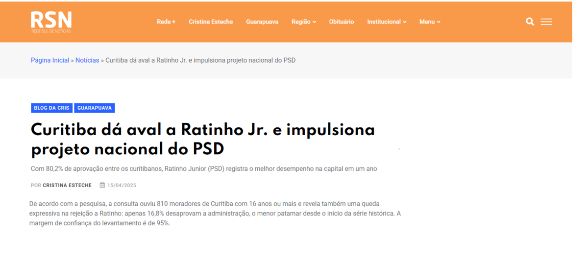 Portal RSN cita pesquisa realizada pela Paraná Pesquisas no Município de Curitiba.