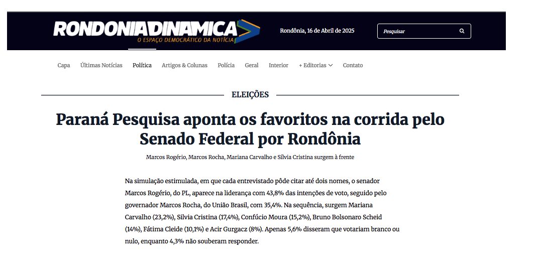 Rondônia Dinâmica cita pesquisa realizada pela Paraná Pesquisas no Estado de Rondônia. 2 image 329
