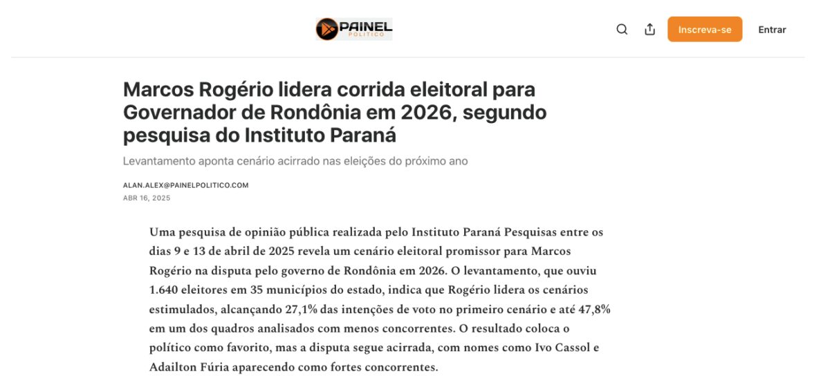 Painel Político cita pesquisa realizada pela Paraná Pesquisas no Estado de Rondônia.