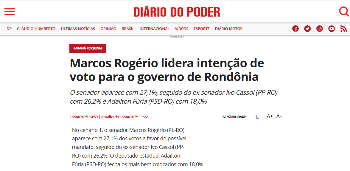 Diário do Poder cita pesquisas realizada pela Paraná Pesquisas no Estado de Rondônia. 2 Diário do Poder cita pesquisas realizada pela Paraná Pesquisas no Estado de Rondônia.