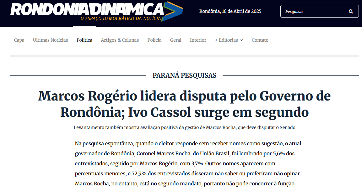 Rondônia Dinâmica cita pesquisas realizada pela Paraná Pesquisas no Estado de Rondônia. 2 image 333
