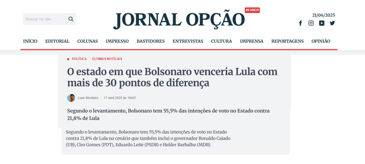 Jornal Opção cita pesquisa realizada pela Paraná Pesquisas no Estado de Rondônia. 2 image 353