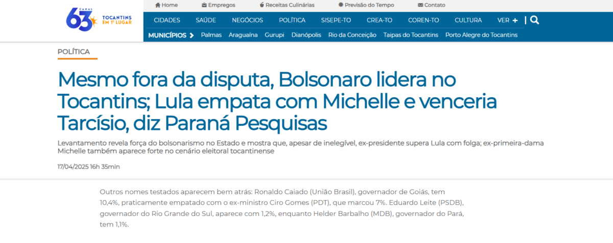 Canal 63 cita pesquisa realizada pela Paraná Pesquisas no Estado de Rondônia. 2 Canal 63 cita pesquisa realizada pela Paraná Pesquisas no Estado de Rondônia.