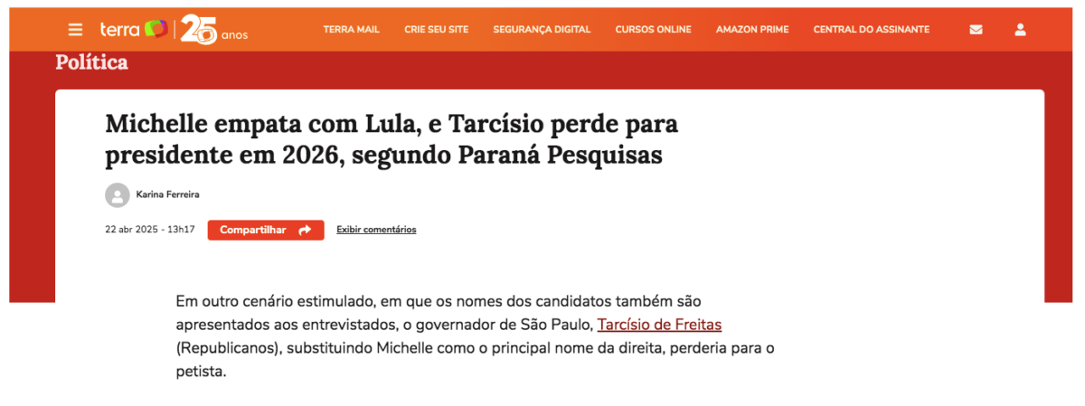 Terra cita pesquisa realizada pela Paraná Pesquisas.