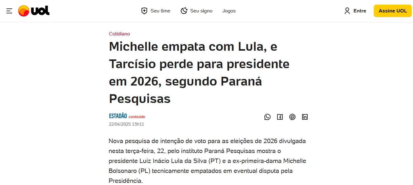 UOL Notícias cita pesquisa realizada pela Paraná Pesquisas. 1 UOL Notícias cita pesquisa realizada pela Paraná Pesquisas.