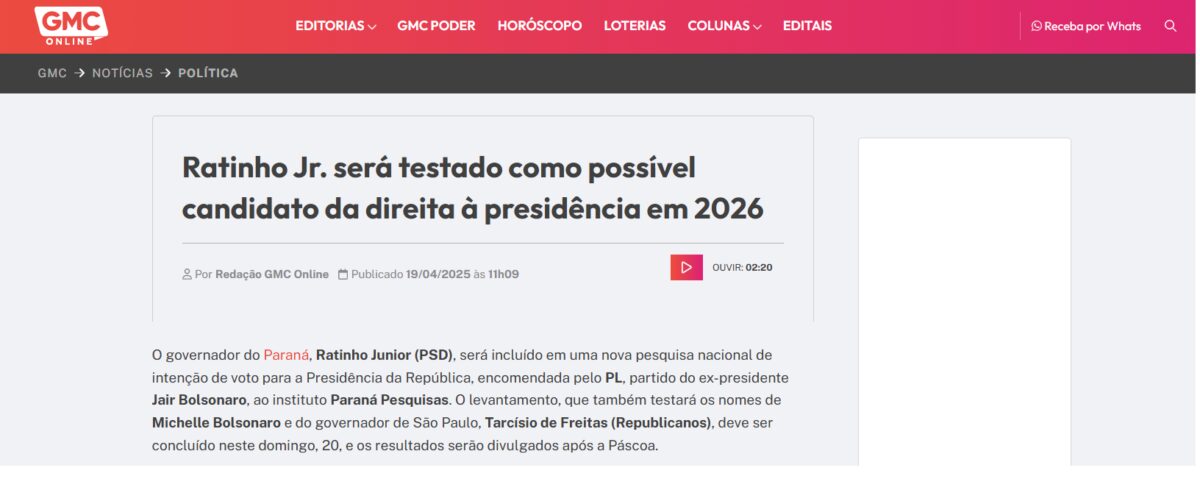 GMC cita pesquisa realizada pela Paraná Pesquisas.