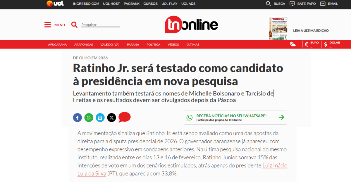 TN Online cita pesquisa realizada pela Paraná Pesquisas. 2 TN Online cita pesquisa realizada pela Paraná Pesquisas.