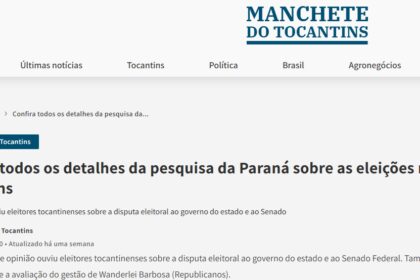 Manchete do Tocantins cita pesquisa realizada pela Paraná Pesquisas no Estado do Tocantins.