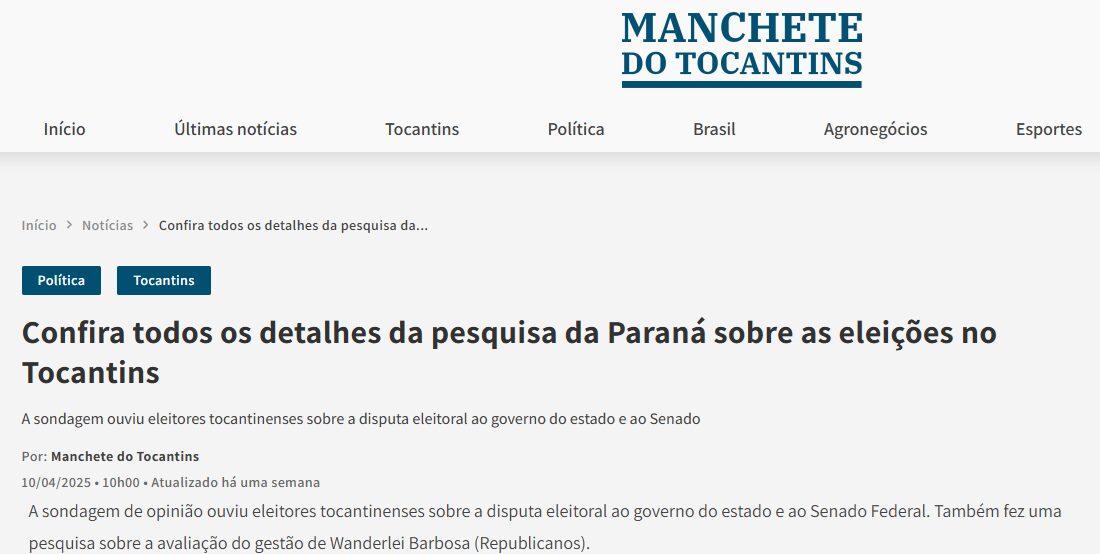 Manchete do Tocantins cita pesquisa realizada pela Paraná Pesquisas no Estado do Tocantins. 2 image 390