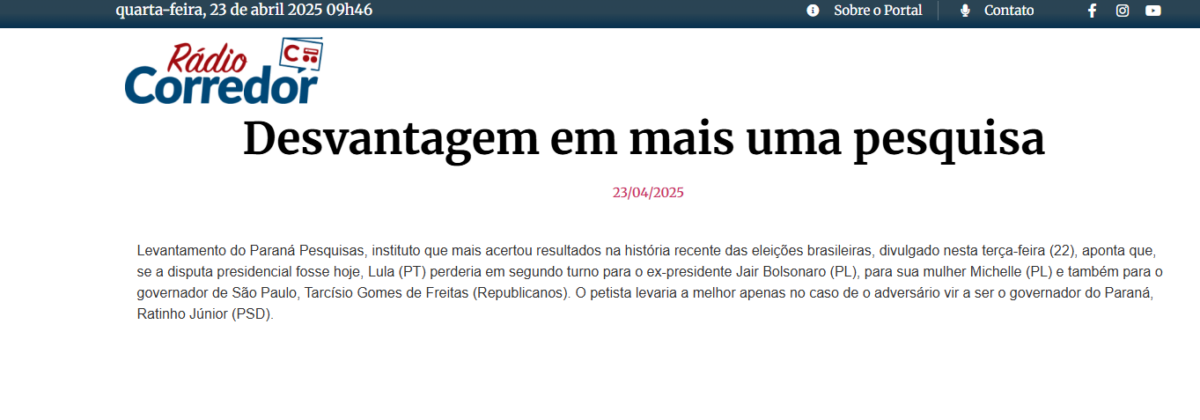 Rádio Corredor cita pesquisa realizada pela Paraná Pesquisas. 2 image 394