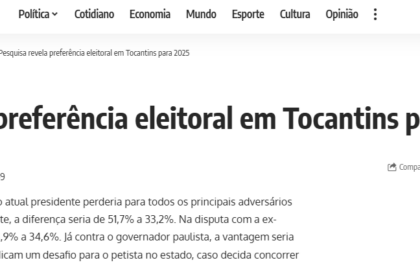 Brasil em Folhas cita pesquisa realizada pela Paraná Pesquisas no Estado do Tocantins.