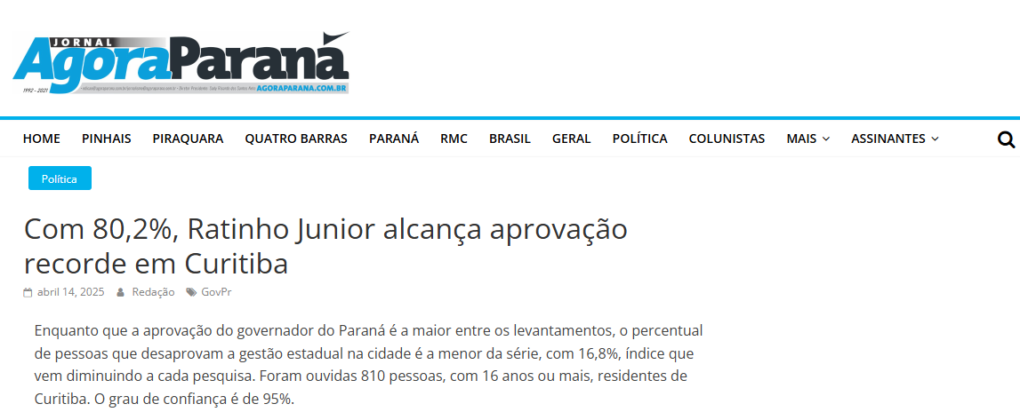 Jornal Agora Paraná cita pesquisa realizada pela Paraná Pesquisas no Município de Curitiba.