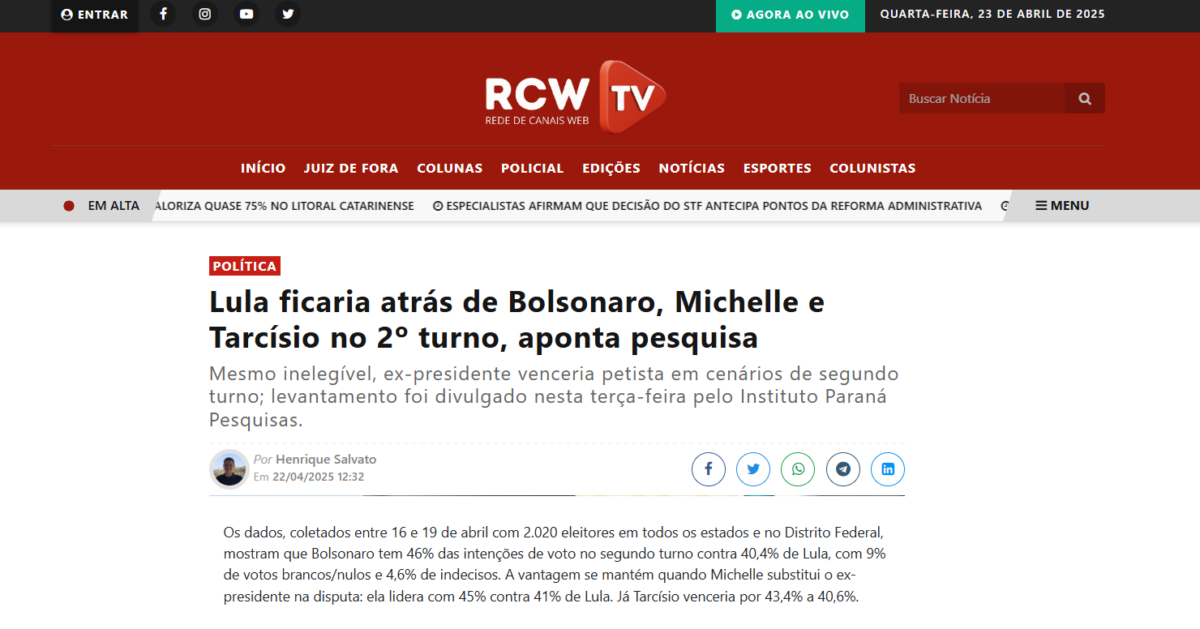 RCW TV cita pesquisa realizada pela Paraná Pesquisas. 2 image 439