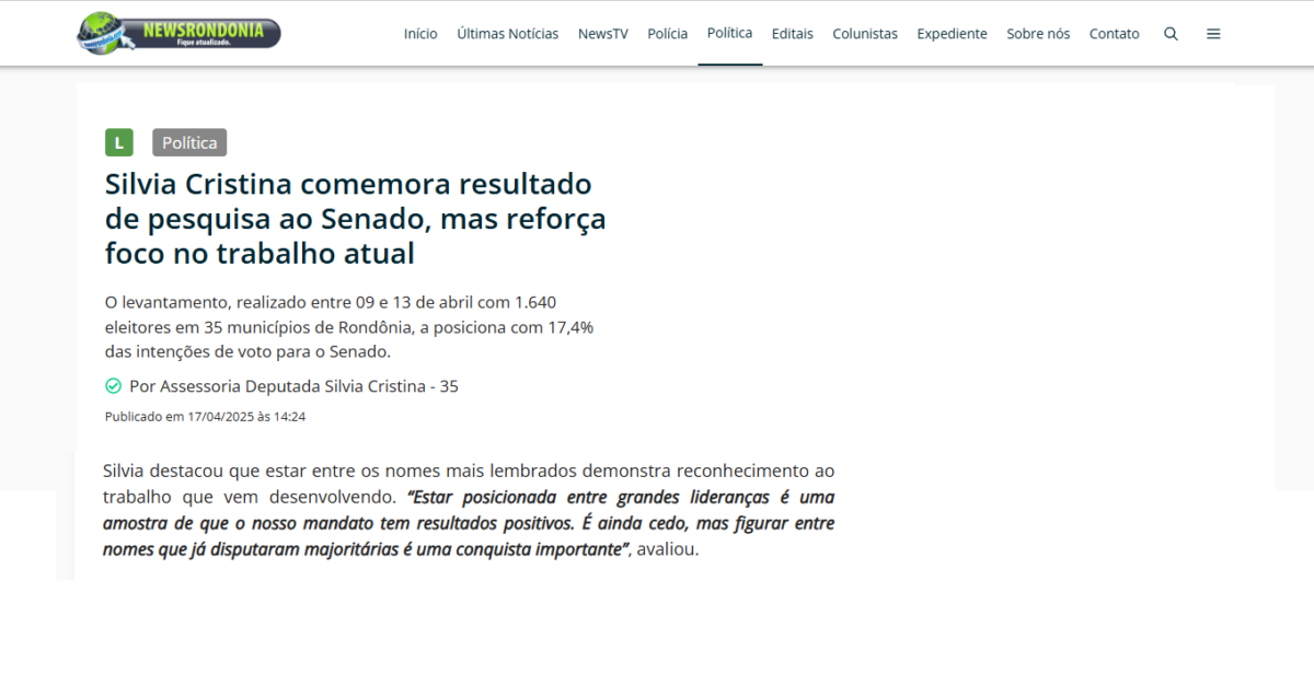 News Rondônia cita pesquisa realizada pela Paraná Pesquisas no Estado de Rondônia. 2 News Rondônia cita pesquisa realizada pela Paraná Pesquisas no Estado de Rondônia.