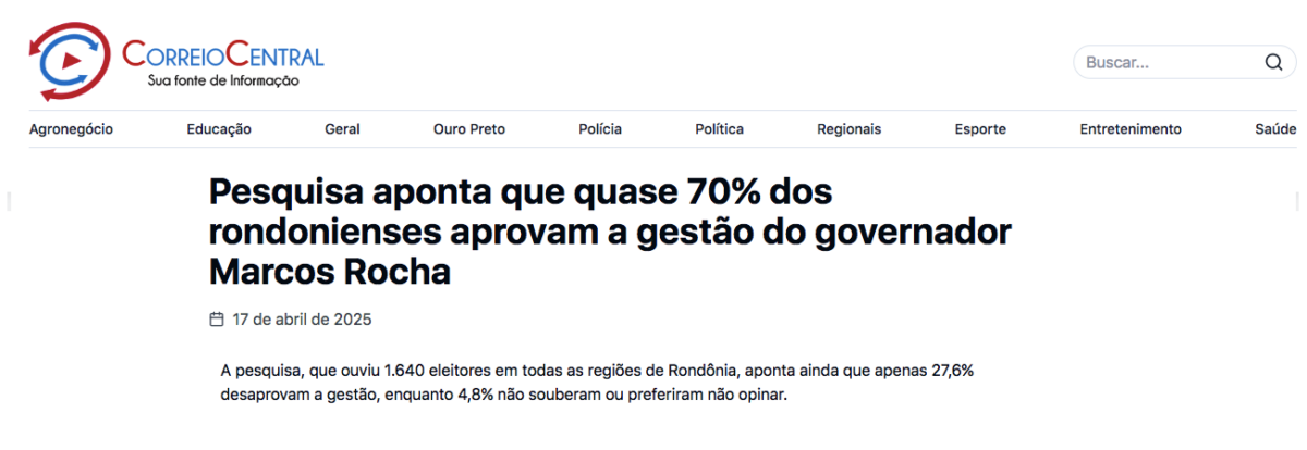 Correio Central cita pesquisa realizada pela Paraná Pesquisas no Estado de Rondônia. 2 image 481