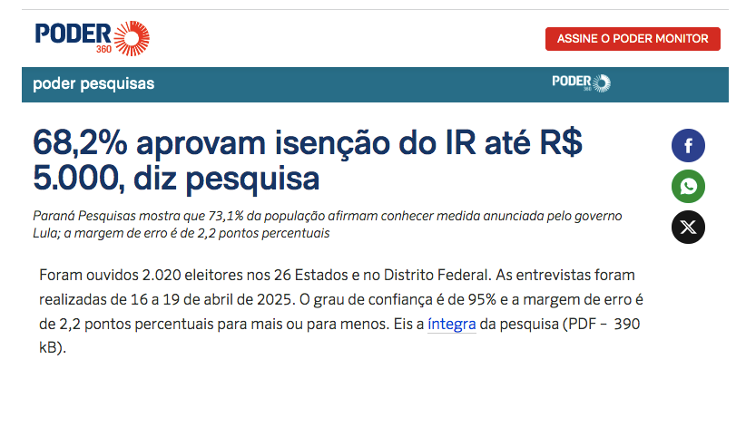 Poder 360 cita pesquisa realizada pela Paraná Pesquisas. 2 Poder 360 cita pesquisa realizada pela Paraná Pesquisas.