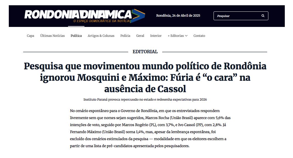 Rondônia Dinâmica cita pesquisa realizada pela Paraná Pesquisas no Estado Rondônia. 2 image 494
