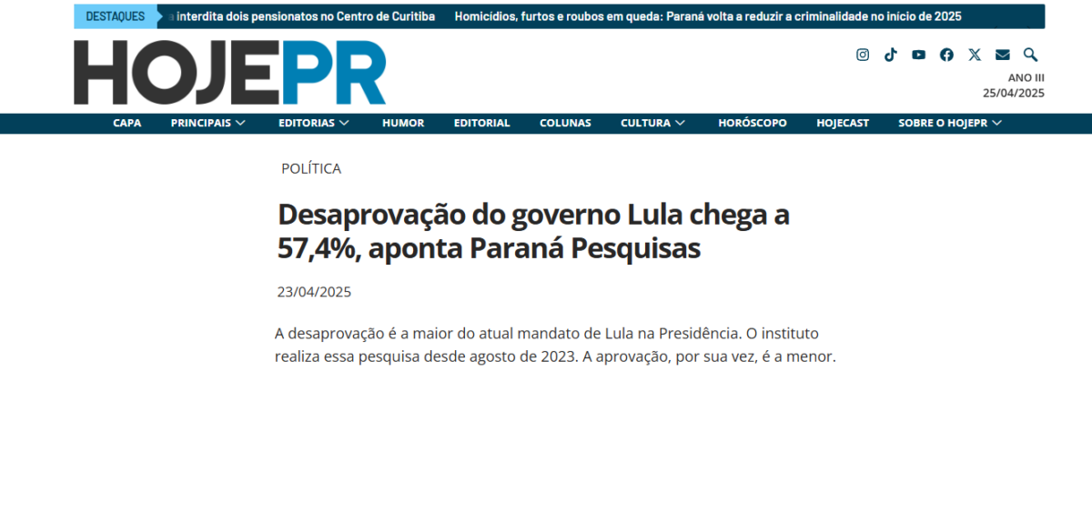 Hoje PR cita pesquisa realizada pela Paraná Pesquisas.