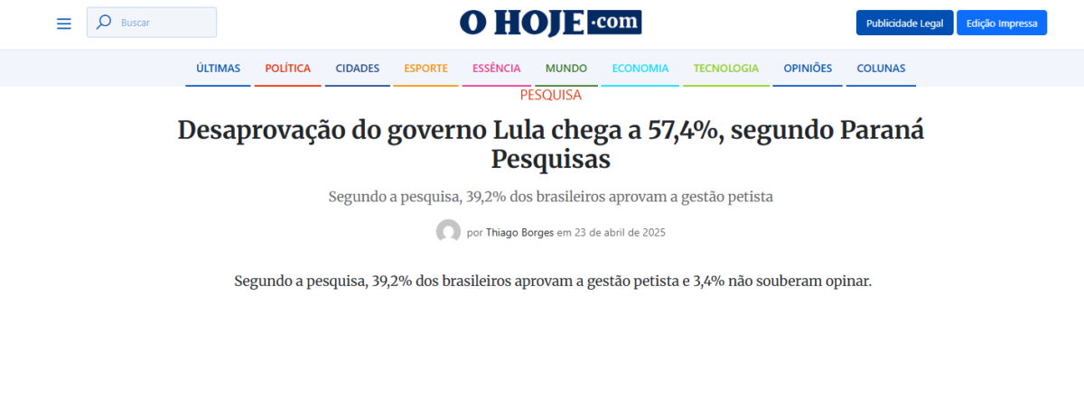 O Hoje cita pesquisa realizada pela Paraná Pesquisas.
