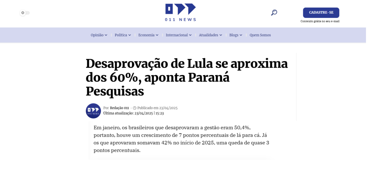 011 News cita pesquisa realizada pela Paraná Pesquisas. 2 011 News cita pesquisa realizada pela Paraná Pesquisas.