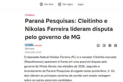 UOL Notícias cita pesquisa realizada pela Paraná Pesquisas no Estado de Minas Gerais.