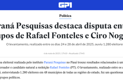 GP1 cita pesquisa realizada pela Paraná Pesquisas no Estado de Piauí.
